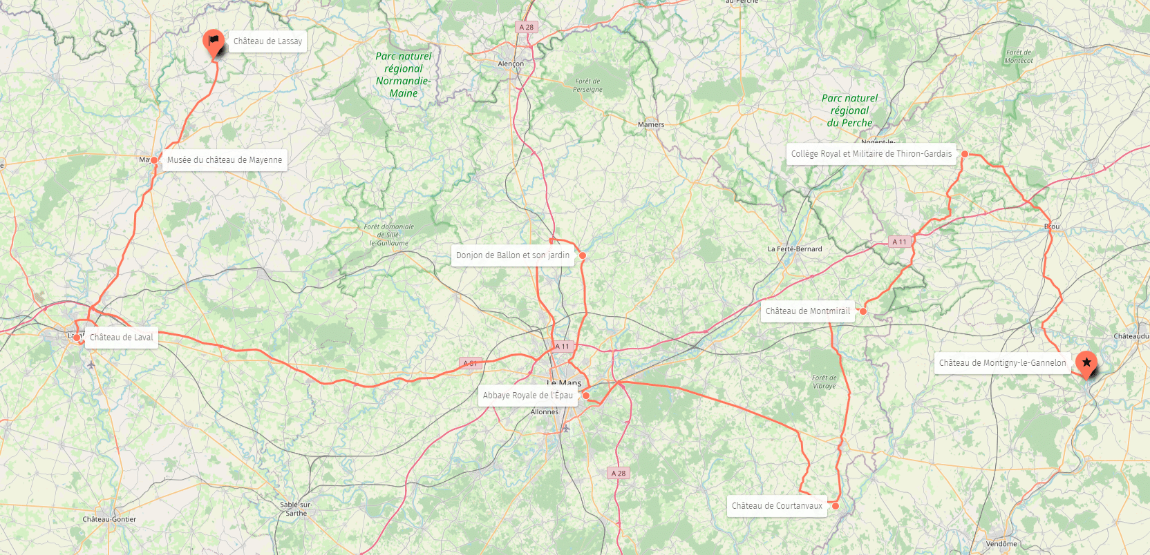 Circuit autour du Mans et de Laval